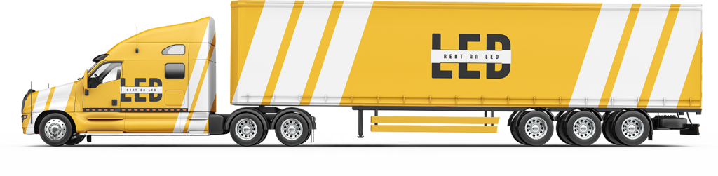 A yellow 18-wheeler truck with Rent an LED branding and an LED video wall display, perfect for transforming your next corporate event